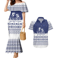 Vatican Christmas Couples Matching Mermaid Dress and Hawaiian Shirt with Holy Family Nativity Scene Snowflake Pattern and Starry Night - Wonder Print Shop
