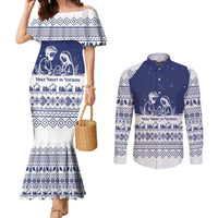 Vatican Christmas Couples Matching Mermaid Dress and Long Sleeve Button Shirt with Holy Family Nativity Scene Snowflake Pattern and Starry Night - Wonder Print Shop