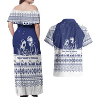 Vatican Christmas Couples Matching Off Shoulder Maxi Dress and Hawaiian Shirt with Holy Family Nativity Scene Snowflake Pattern and Starry Night - Wonder Print Shop