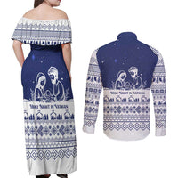 Vatican Christmas Couples Matching Off Shoulder Maxi Dress and Long Sleeve Button Shirt with Holy Family Nativity Scene Snowflake Pattern and Starry Night - Wonder Print Shop