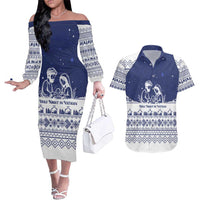Vatican Christmas Couples Matching Off The Shoulder Long Sleeve Dress and Hawaiian Shirt with Holy Family Nativity Scene Snowflake Pattern and Starry Night - Wonder Print Shop