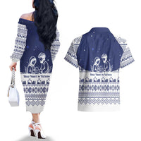 Vatican Christmas Couples Matching Off The Shoulder Long Sleeve Dress and Hawaiian Shirt with Holy Family Nativity Scene Snowflake Pattern and Starry Night - Wonder Print Shop