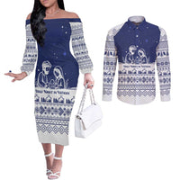 Vatican Christmas Couples Matching Off The Shoulder Long Sleeve Dress and Long Sleeve Button Shirt with Holy Family Nativity Scene Snowflake Pattern and Starry Night - Wonder Print Shop