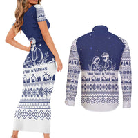 Vatican Christmas Couples Matching Short Sleeve Bodycon Dress and Long Sleeve Button Shirt with Holy Family Nativity Scene Snowflake Pattern and Starry Night - Wonder Print Shop