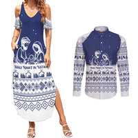 Vatican Christmas Couples Matching Summer Maxi Dress and Long Sleeve Button Shirt with Holy Family Nativity Scene Snowflake Pattern and Starry Night - Wonder Print Shop