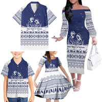 Vatican Christmas Family Matching Off The Shoulder Long Sleeve Dress and Hawaiian Shirt with Holy Family Nativity Scene Snowflake Pattern and Starry Night - Wonder Print Shop