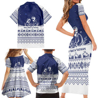Vatican Christmas Family Matching Short Sleeve Bodycon Dress and Hawaiian Shirt with Holy Family Nativity Scene Snowflake Pattern and Starry Night - Wonder Print Shop