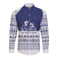 Vatican Christmas Long Sleeve Button Shirt with Holy Family Nativity Scene Snowflake Pattern and Starry Night - Wonder Print Shop