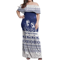 Vatican Christmas Off Shoulder Maxi Dress with Holy Family Nativity Scene Snowflake Pattern and Starry Night - Wonder Print Shop