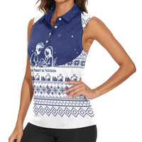 Vatican Christmas Women Sleeveless Polo Shirt with Holy Family Nativity Scene Snowflake Pattern and Starry Night - Wonder Print Shop