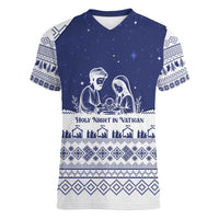 Vatican Christmas Women V-Neck T-Shirt with Holy Family Nativity Scene Snowflake Pattern and Starry Night - Wonder Print Shop