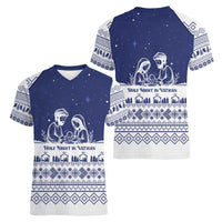 Vatican Christmas Women V-Neck T-Shirt with Holy Family Nativity Scene Snowflake Pattern and Starry Night - Wonder Print Shop