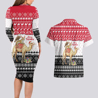 Yemen Christmas Couples Matching Long Sleeve Bodycon Dress and Hawaiian Shirt with Camel Leopard Falcon Red Black White Snowflake - Wonder Print Shop
