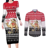 Yemen Christmas Couples Matching Long Sleeve Bodycon Dress and Long Sleeve Button Shirt with Camel Leopard Falcon Red Black White Snowflake - Wonder Print Shop