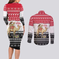 Yemen Christmas Couples Matching Long Sleeve Bodycon Dress and Long Sleeve Button Shirt with Camel Leopard Falcon Red Black White Snowflake - Wonder Print Shop