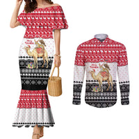 Yemen Christmas Couples Matching Mermaid Dress and Long Sleeve Button Shirt with Camel Leopard Falcon Red Black White Snowflake - Wonder Print Shop