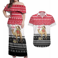Yemen Christmas Couples Matching Off Shoulder Maxi Dress and Hawaiian Shirt with Camel Leopard Falcon Red Black White Snowflake - Wonder Print Shop