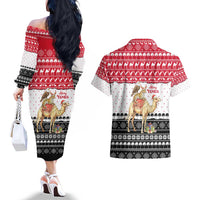 Yemen Christmas Couples Matching Off The Shoulder Long Sleeve Dress and Hawaiian Shirt with Camel Leopard Falcon Red Black White Snowflake - Wonder Print Shop