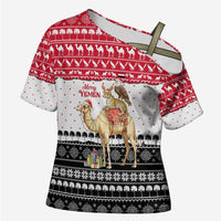 Yemen Christmas Cross Shoulder Shirt with Camel Leopard Falcon Red Black White Snowflake - Wonder Print Shop