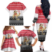 Yemen Christmas Family Matching Off The Shoulder Long Sleeve Dress and Hawaiian Shirt with Camel Leopard Falcon Red Black White Snowflake - Wonder Print Shop