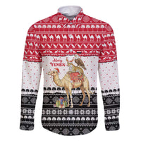 Yemen Christmas Family Matching Off The Shoulder Long Sleeve Dress and Hawaiian Shirt with Camel Leopard Falcon Red Black White Snowflake - Wonder Print Shop