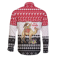 Yemen Christmas Family Matching Off The Shoulder Long Sleeve Dress and Hawaiian Shirt with Camel Leopard Falcon Red Black White Snowflake - Wonder Print Shop