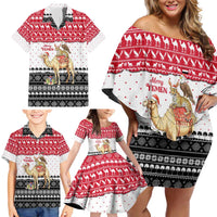 Yemen Christmas Family Matching Off Shoulder Short Dress and Hawaiian Shirt with Camel Leopard Falcon Red Black White Snowflake - Wonder Print Shop