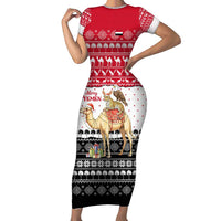 Yemen Christmas Family Matching Short Sleeve Bodycon Dress and Hawaiian Shirt with Camel Leopard Falcon Red Black White Snowflake - Wonder Print Shop