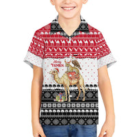 Yemen Christmas Family Matching Short Sleeve Bodycon Dress and Hawaiian Shirt with Camel Leopard Falcon Red Black White Snowflake - Wonder Print Shop