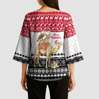 Yemen Christmas Kimono Sleeve Blouse with Camel Leopard Falcon Red Black White Snowflake - Wonder Print Shop