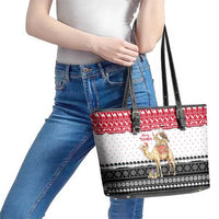 Yemen Christmas Leather Tote Bag with Camel Leopard Falcon Red Black White Snowflake - Wonder Print Shop