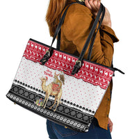 Yemen Christmas Leather Tote Bag with Camel Leopard Falcon Red Black White Snowflake - Wonder Print Shop