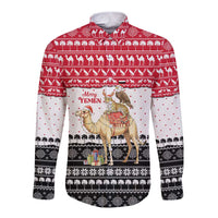 Yemen Christmas Long Sleeve Button Shirt with Camel Leopard Falcon Red Black White Snowflake - Wonder Print Shop