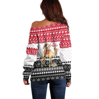 Yemen Christmas Off Shoulder Sweater with Camel Leopard Falcon Red Black White Snowflake - Wonder Print Shop