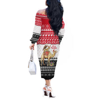 Yemen Christmas Off The Shoulder Long Sleeve Dress with Camel Leopard Falcon Red Black White Snowflake - Wonder Print Shop