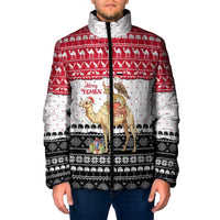 Yemen Christmas Padded Jacket with Camel Leopard Falcon Red Black White Snowflake - Wonder Print Shop