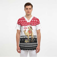 Yemen Christmas Scrub Top with Camel Leopard Falcon Red Black White Snowflake - Wonder Print Shop