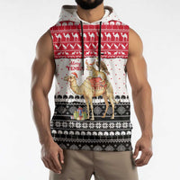 Yemen Christmas Sleeveless Hoodie with Camel Leopard Falcon Red Black White Snowflake - Wonder Print Shop