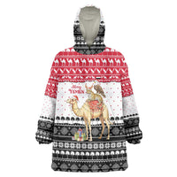 Yemen Christmas Wearable Blanket Hoodie with Camel Leopard Falcon Red Black White Snowflake - Wonder Print Shop