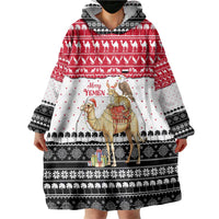 Yemen Christmas Wearable Blanket Hoodie with Camel Leopard Falcon Red Black White Snowflake - Wonder Print Shop