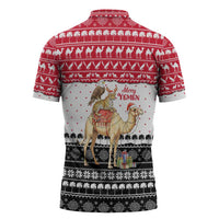 Yemen Christmas Zipper Polo Shirt with Camel Leopard Falcon Red Black White Snowflake - Wonder Print Shop