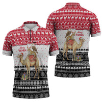 Yemen Christmas Zipper Polo Shirt with Camel Leopard Falcon Red Black White Snowflake - Wonder Print Shop