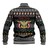 Yemen Christmas Baseball Jacket with Traditional Santa Black Snowflake Pattern and Festive Lights - Wonder Print Shop