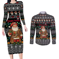 Yemen Christmas Couples Matching Long Sleeve Bodycon Dress and Long Sleeve Button Shirt with Traditional Santa Black Snowflake Pattern and Festive Lights - Wonder Print Shop