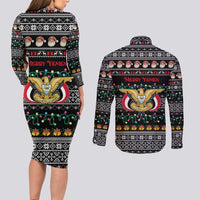 Yemen Christmas Couples Matching Long Sleeve Bodycon Dress and Long Sleeve Button Shirt with Traditional Santa Black Snowflake Pattern and Festive Lights - Wonder Print Shop