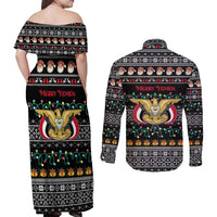 Yemen Christmas Couples Matching Off Shoulder Maxi Dress and Long Sleeve Button Shirt with Traditional Santa Black Snowflake Pattern and Festive Lights - Wonder Print Shop