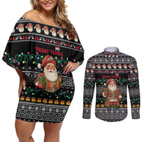 Yemen Christmas Couples Matching Off Shoulder Short Dress and Long Sleeve Button Shirt with Traditional Santa Black Snowflake Pattern and Festive Lights - Wonder Print Shop