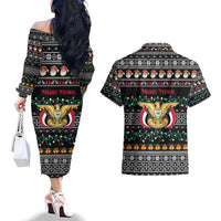Yemen Christmas Couples Matching Off The Shoulder Long Sleeve Dress and Hawaiian Shirt with Traditional Santa Black Snowflake Pattern and Festive Lights - Wonder Print Shop