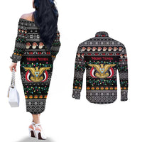 Yemen Christmas Couples Matching Off The Shoulder Long Sleeve Dress and Long Sleeve Button Shirt with Traditional Santa Black Snowflake Pattern and Festive Lights - Wonder Print Shop