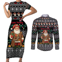 Yemen Christmas Couples Matching Short Sleeve Bodycon Dress and Long Sleeve Button Shirt with Traditional Santa Black Snowflake Pattern and Festive Lights - Wonder Print Shop